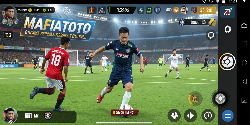 Screenshot gameplay MAFIATOTO yang menampilkan aksi seru di lapangan sepak bola.