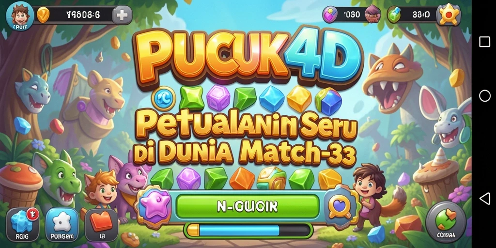 Screenshot menampilkan gameplay seru PUCUK4D dengan elemen Match-3 yang penuh warna.