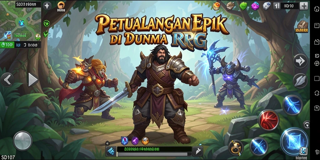 Screenshot utama SD107 menunjukkan aksi pertarungan RPG yang mendebarkan.